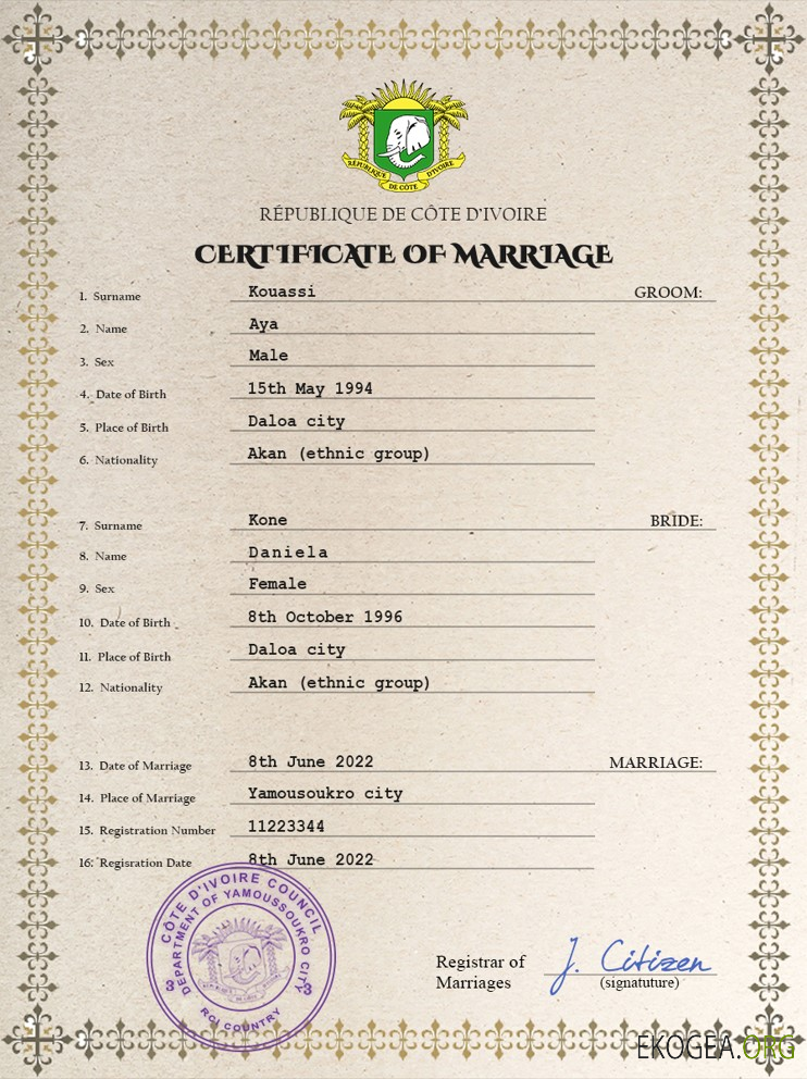 Modèle PSD de certificat de mariage en Côte d'Ivoire